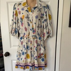 White Floral Button-Front Romper with Puff Sleeves